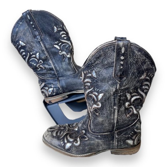 Roper Belle Square Toe Mid Calf Distressed Brown Cowboy Boots Youth 2 - Picture 1 of 15